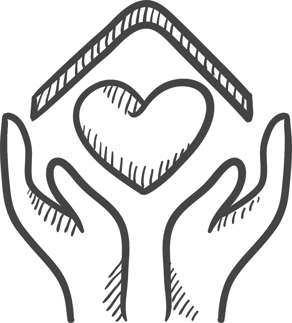 Black and white hands, heart, and roof sketch icon